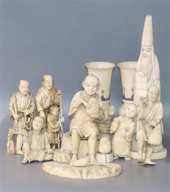 Seven assorted ivories including Japanese figures and Indian vases and a lacquer box